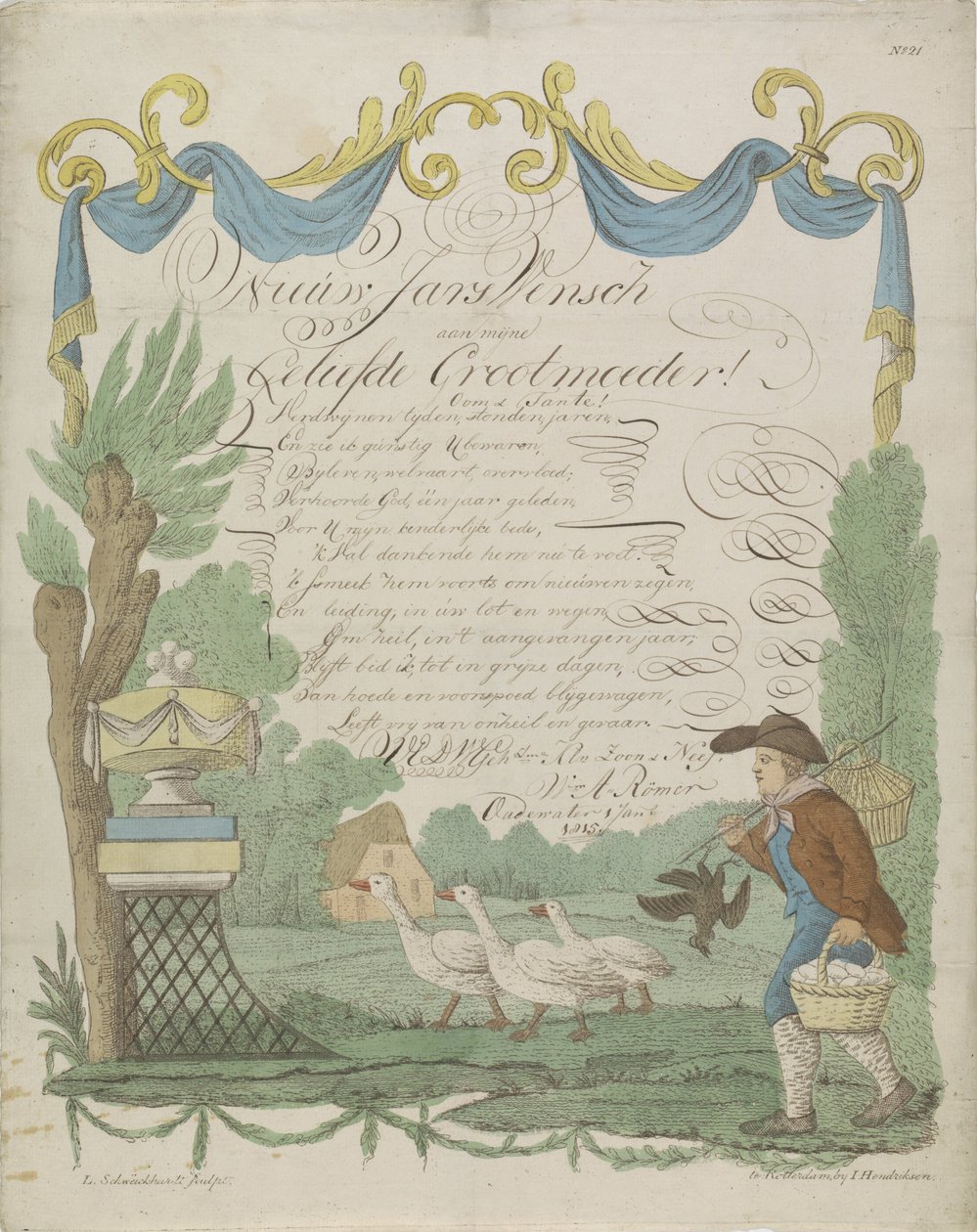Letter of Wishes with a Farmer and His Geese by Leonardus Schweickhardt