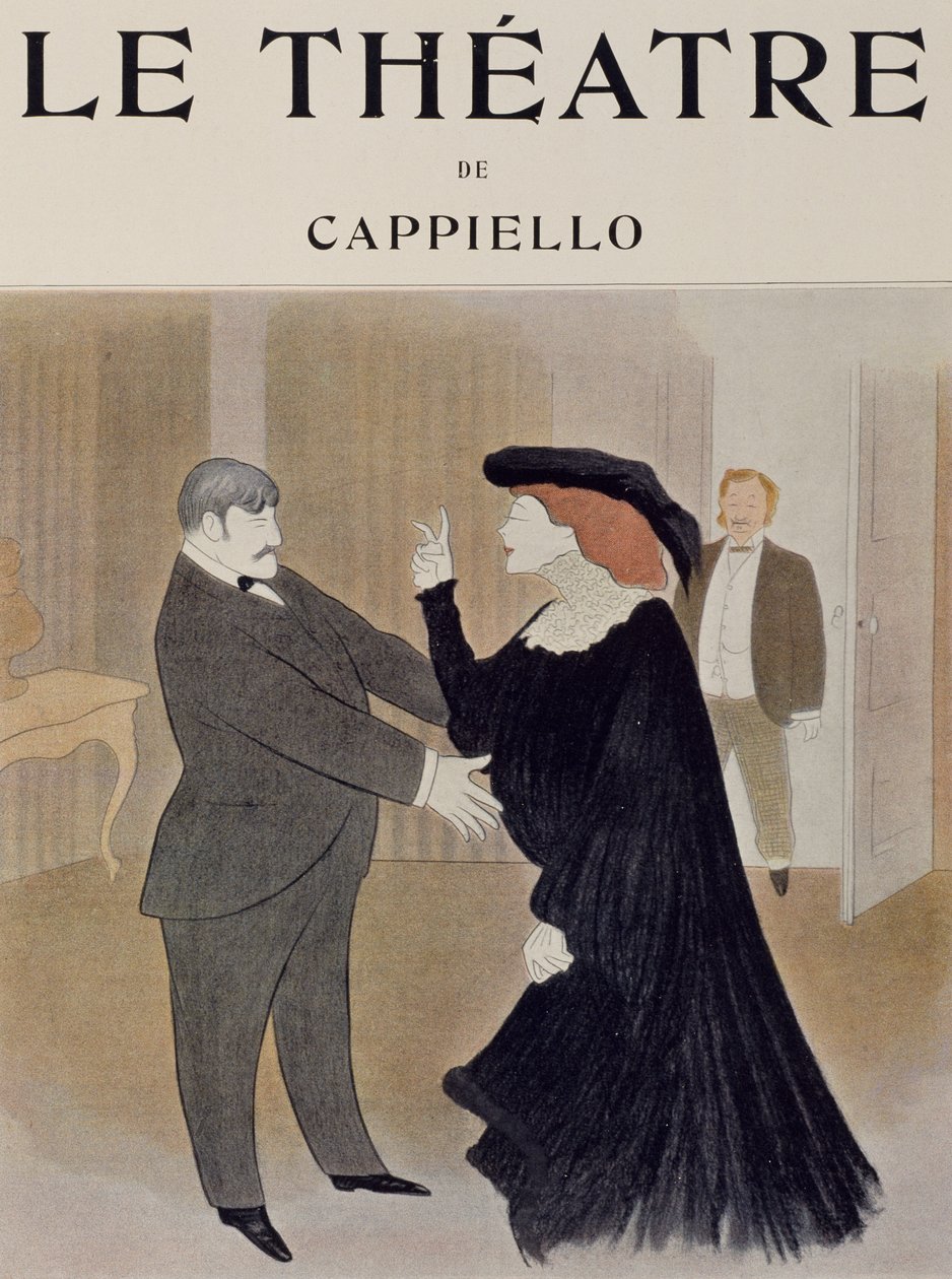 Actors Lucien Quitry and Jane Harding in Scene from La Chatelaine, Performed at Renaissance Theatre in Paris, Drawing by Leonetto Cappiello, Title Page of Journal Theatre, April 1903 by Leonetto Cappiello