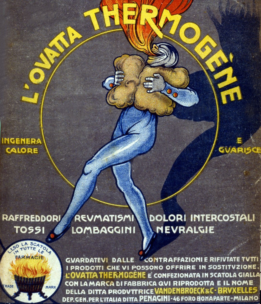 Advertisement for thermogenic cotton wool curing colds, internal pains, rheumatism, coughs, neuralgia and lumbago by Leonetto Cappiello