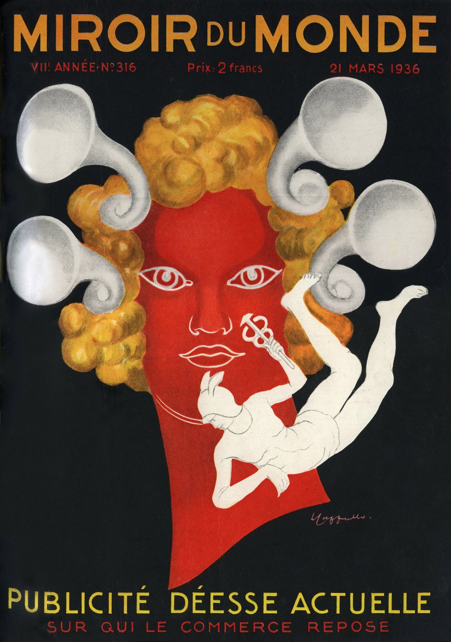 Allegory of the Advertising Current Goddess on whom commerce rests, with Mercury, god of travellers and commerce. Cover of Mirror du monde magazine n°316, March 21 by Leonetto Cappiello