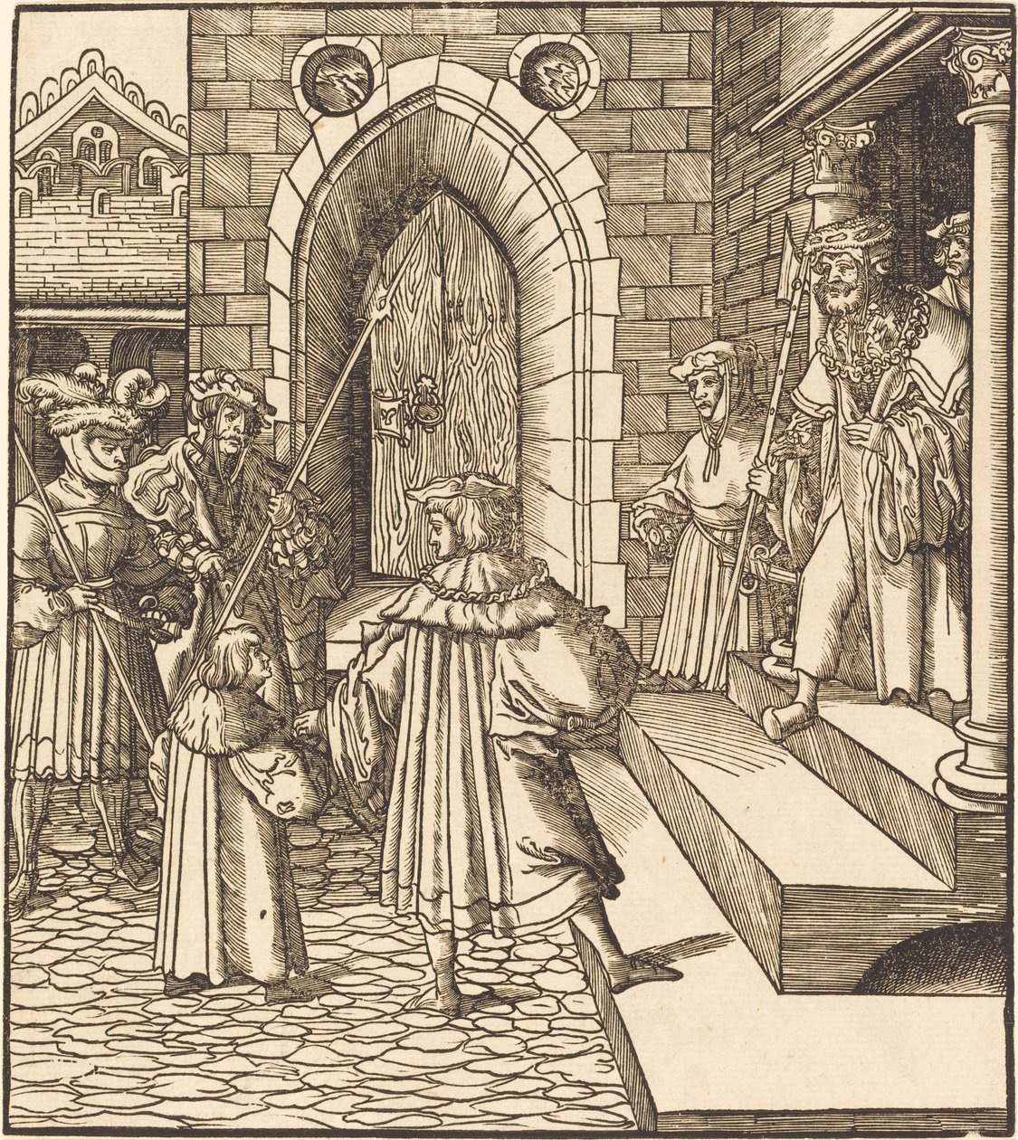 Three Men and a Boy in the Court of a Castle, to the Right Three Men on a Staircase by Leonhard Beck