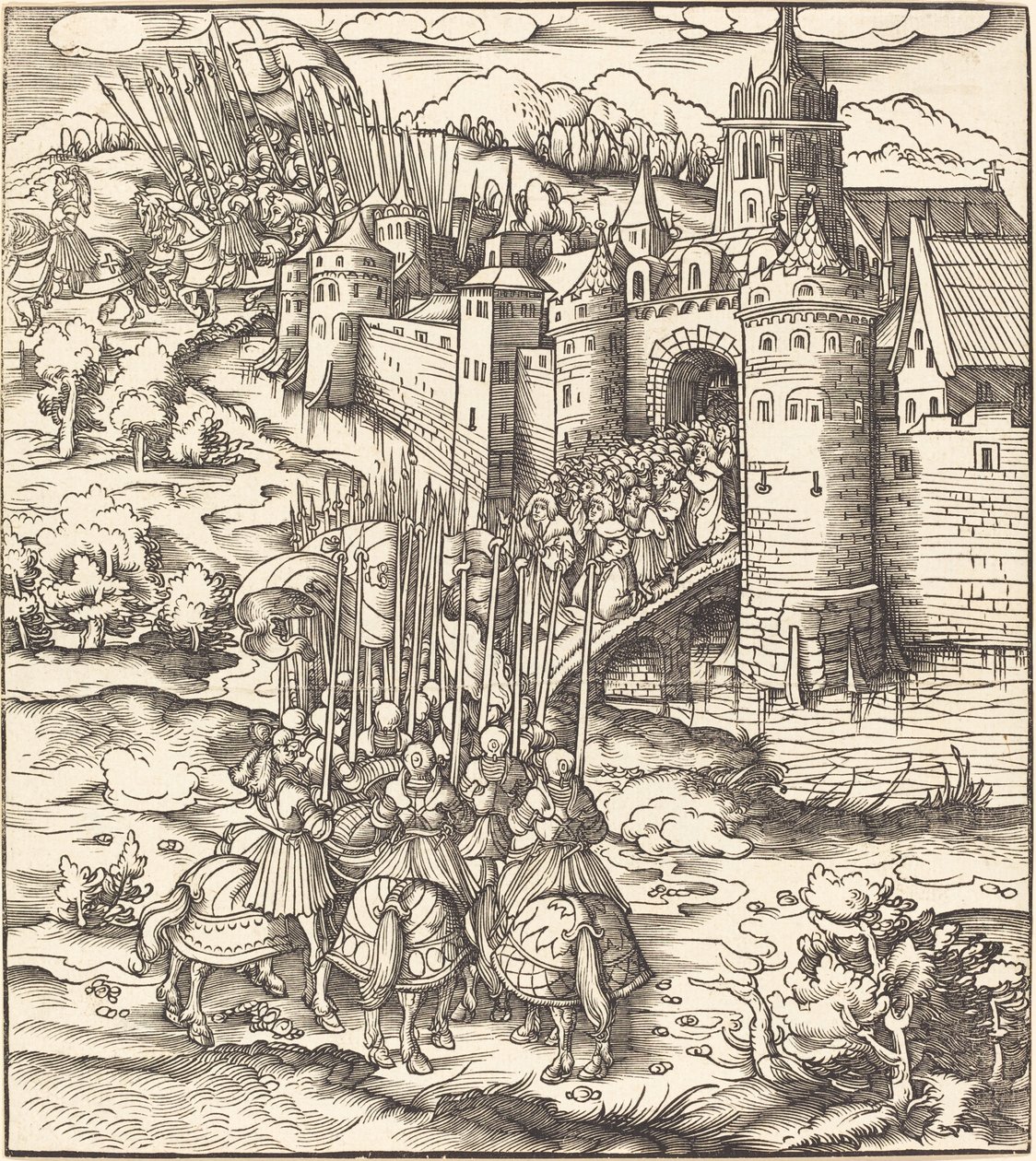 Various Men Kneeling on a Bridge in front of a Town by Leonhard Beck