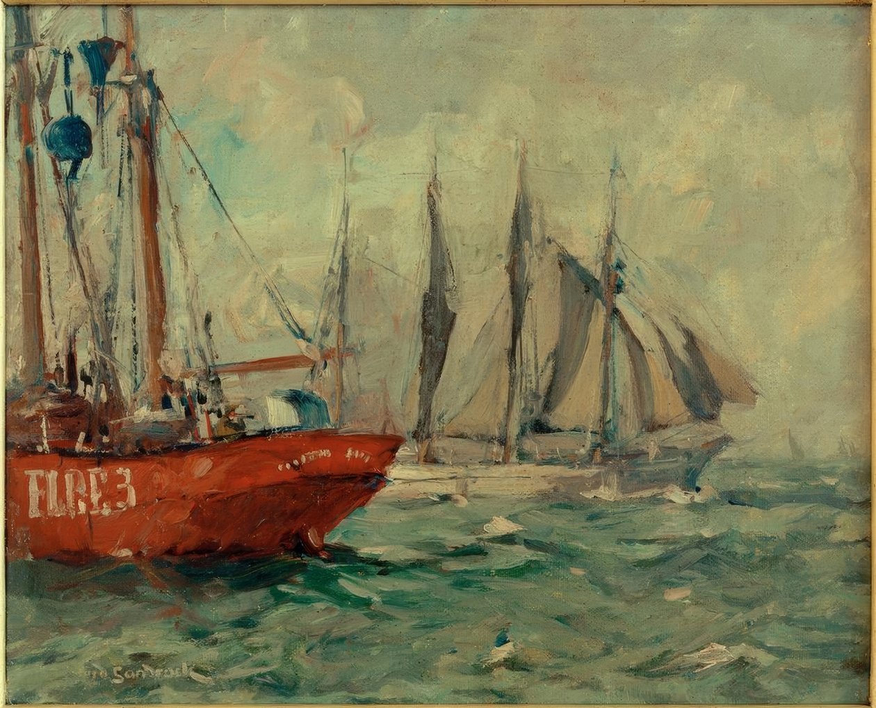 Four-Masted Gaff Schooner Passing Elbe 3 by Leonhard Sandrock
