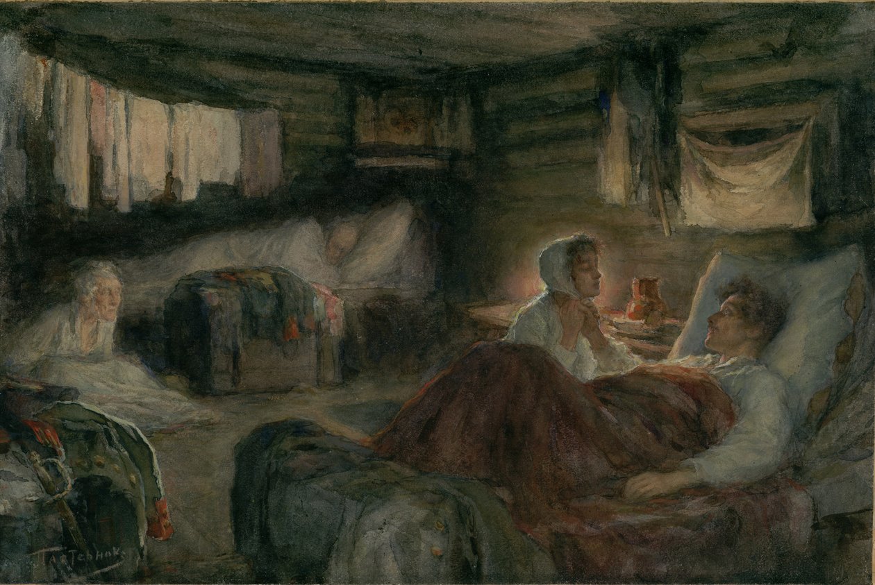 Natasha and the Wounded Prince Andrei in Mytishchi (Illustration for the novel War and Peace) by Leonid Osipovich Pasternak