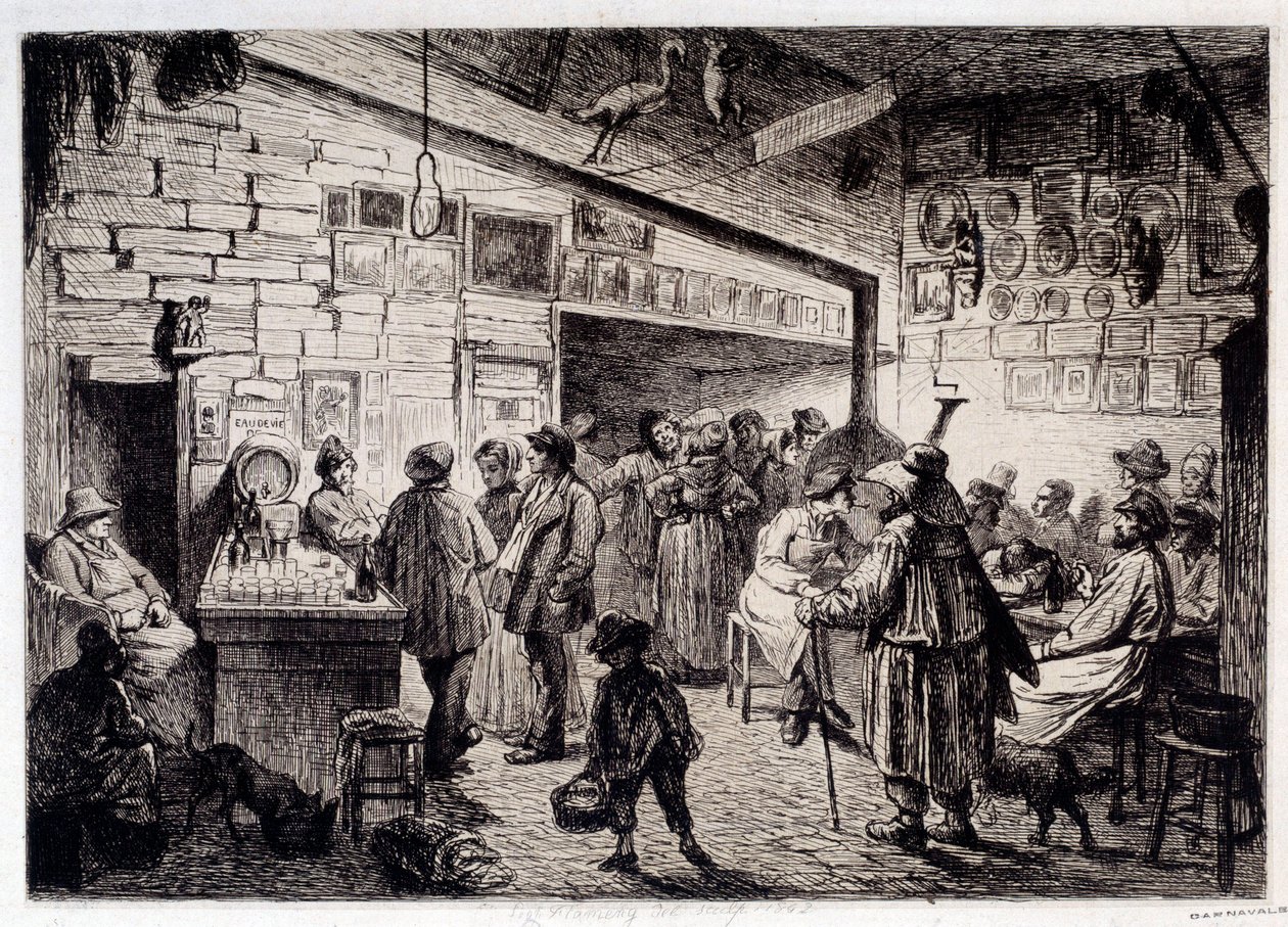 Interior View of the Cabaret du Rabbit Blanc Demolished in 1860. Engraving by Leopold Flameng, 1863 by Leopold Flameng
