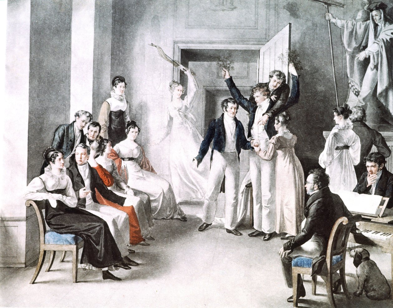 Musical meeting of Schubertians. Schubert is sitting in the chair on the right. by Leopold Kupelwieser