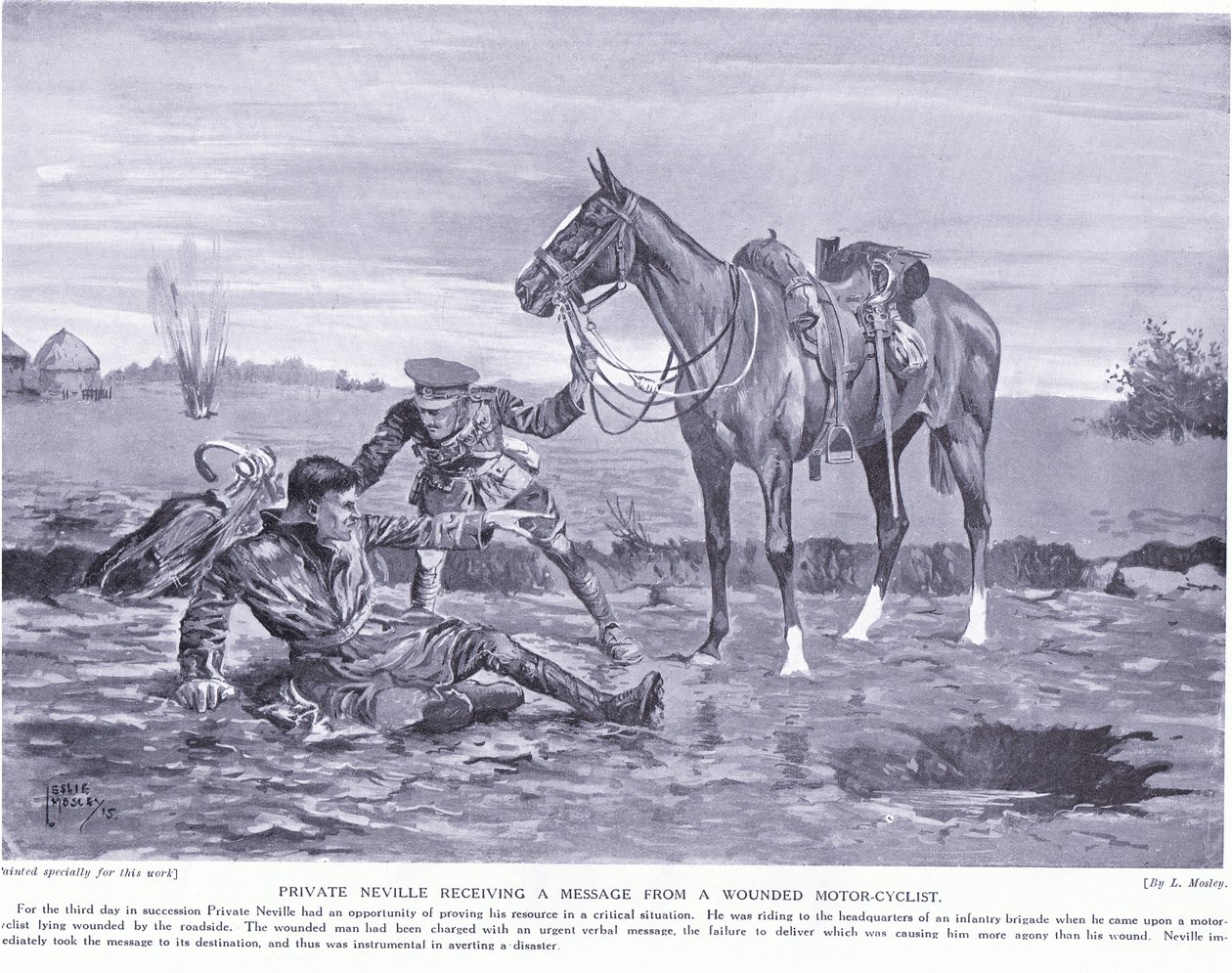 Private Neville Receiving a Message from a Wounded Motor Cyclist Ypres October 1914 by Leslie Mosley