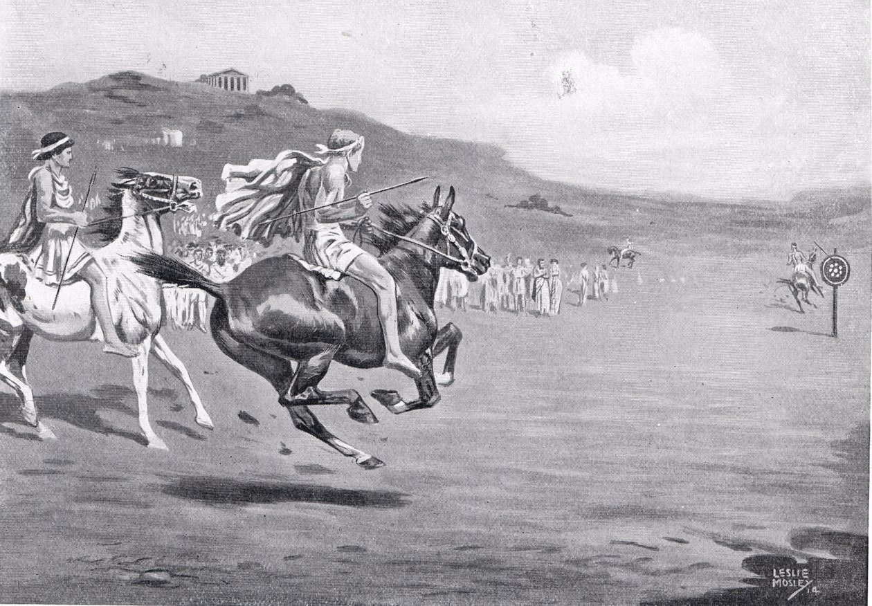 Greek horsemen throwing the javelin, illustration from 
