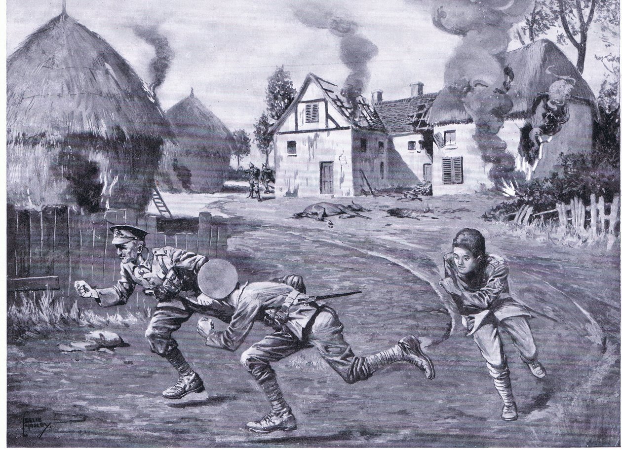 Sergeant Cooper and Two Comrades Dashing Off Under Enemy Fire After Setting Fire to a Farmhouse and Several Ricks by Leslie Mosley