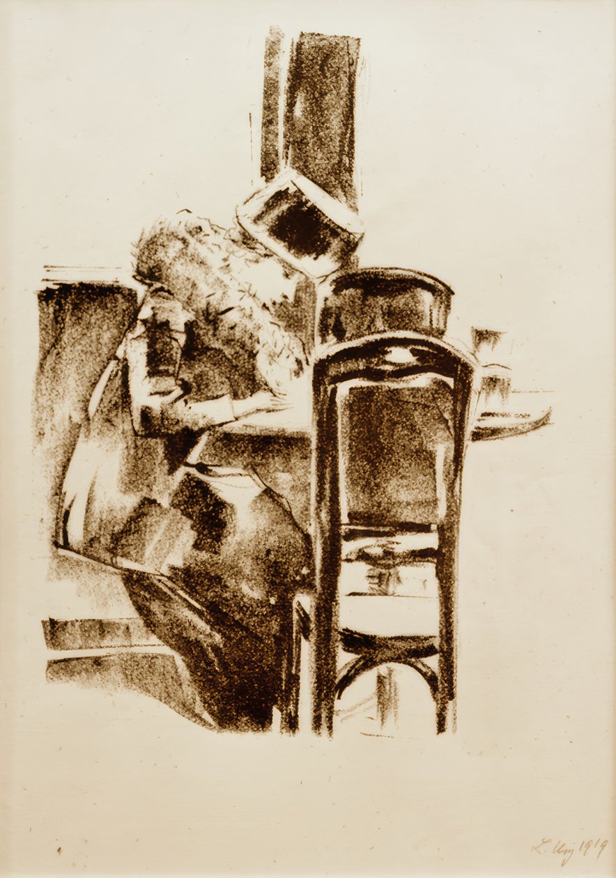 Writing Lady with Hat and Boa in the Café by Lesser Ury