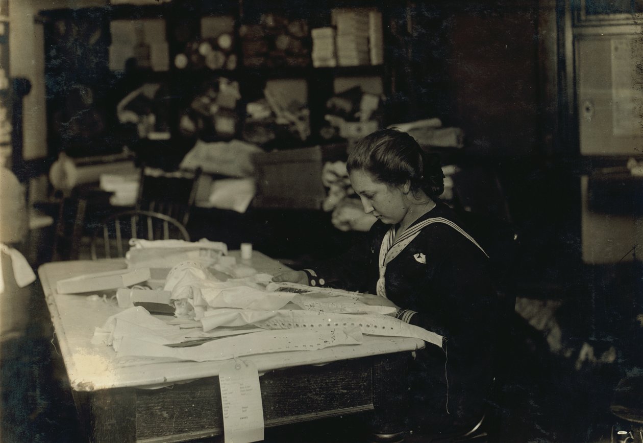 15-Year-Old Marie Vancanvenberg Working on Corsets for Madam Claff, Boston, Massachusetts by Lewis Wickes Hine