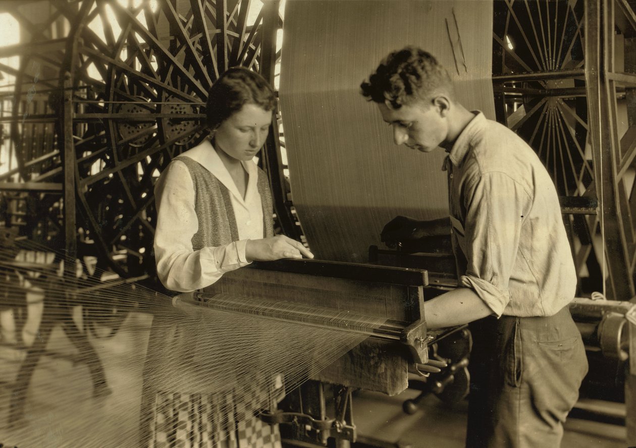 Boy and Girl Working a Loom at Cheney Silk Mills, South Manchester, Connecticut by Lewis Wickes Hine