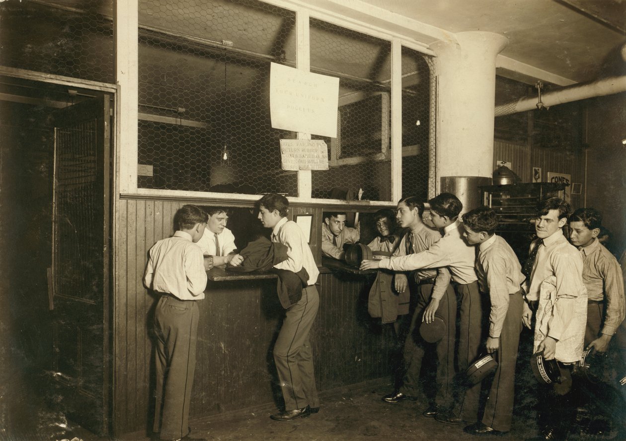 Messenger Boys Turning in Uniforms at Postal Telegraph Co., New York City by Lewis Wickes Hine