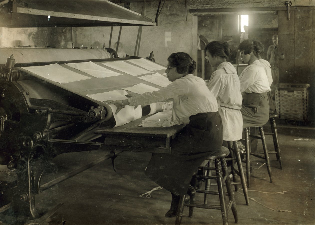 Three Young Teen Girls Working at Mangle at Bonanno Laundry, Boston, Massachusetts by Lewis Wickes Hine