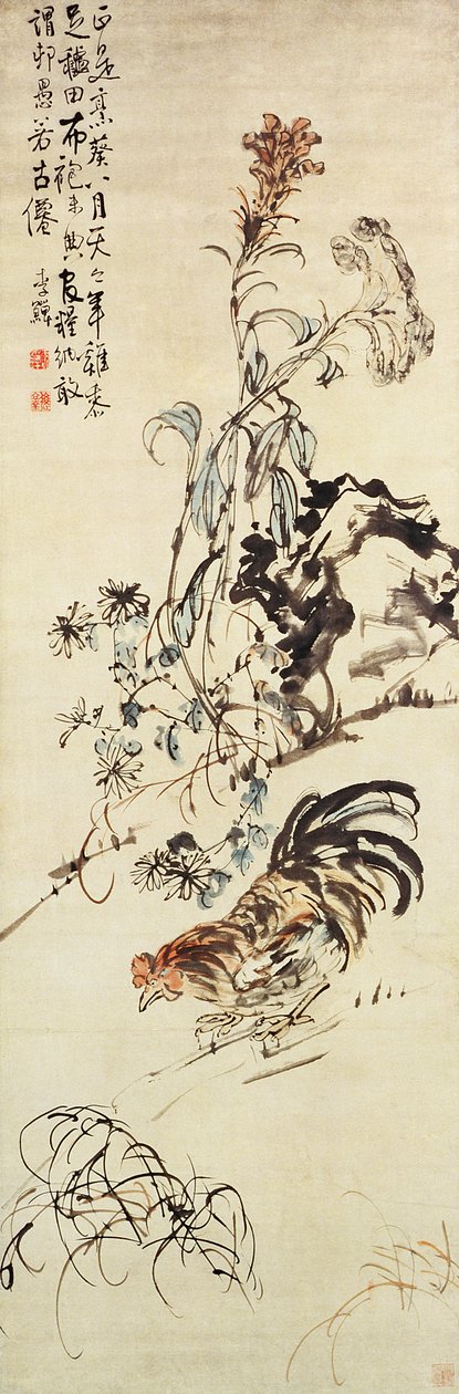 A Chicken, Cockscomb and Chrysanthemum by Li Shan