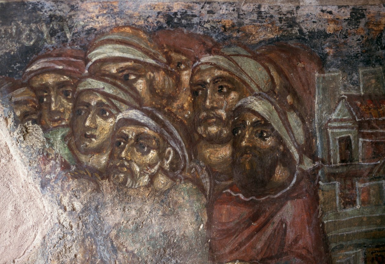 Fresco with Group of Men, Byzantine Church of Ayios Stephanos, Drakona, Crete, Greece by Unbekannt Unbekannt
