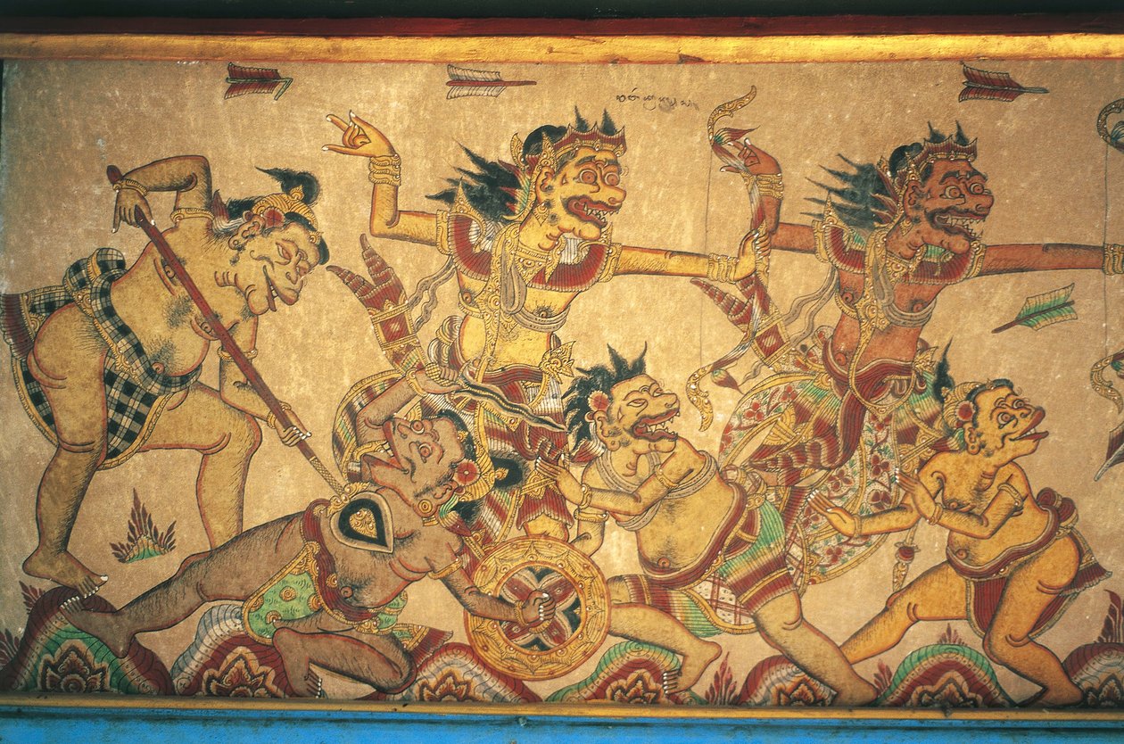 Frescoes depicting scenes of battles between gods and demons, Kertha Gosa pavilion, Klungkung Palace, Semarapura, Bali, Indonesia by Unbekannt Unbekannt