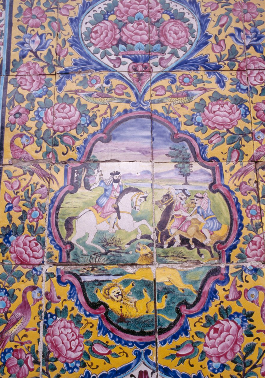 Lion Hunt, Polychrome Tile Decoration on Front of Qavam House by Unbekannt Unbekannt