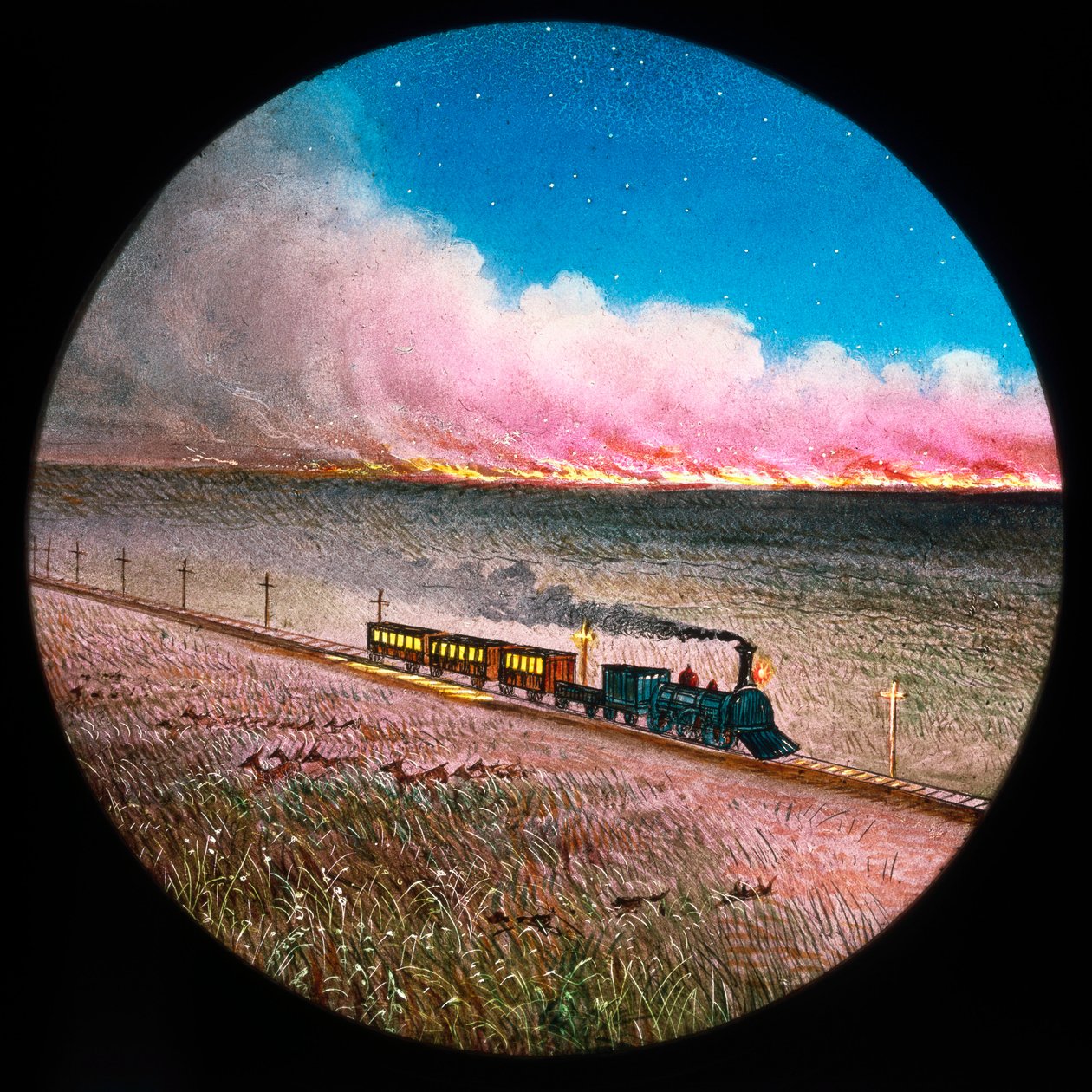 Prairie on Fire with Train, Hand-Coloured Magic Lantern Slide by Unbekannt Unbekannt
