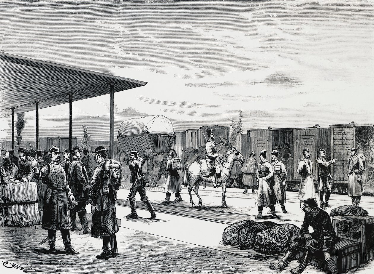Russian Military Convoy in Bustiu Station, on Bucharest-Galati Railroad, Russian-Turkish War, Engraving, Romania by Unbekannt Unbekannt