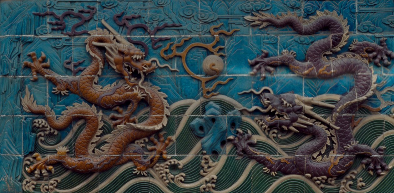 Two Dragons Playing with Flaming Pearls, Detail of the Nine-Dragon Wall, Beihai Park, Beijing, China by Unbekannt Unbekannt