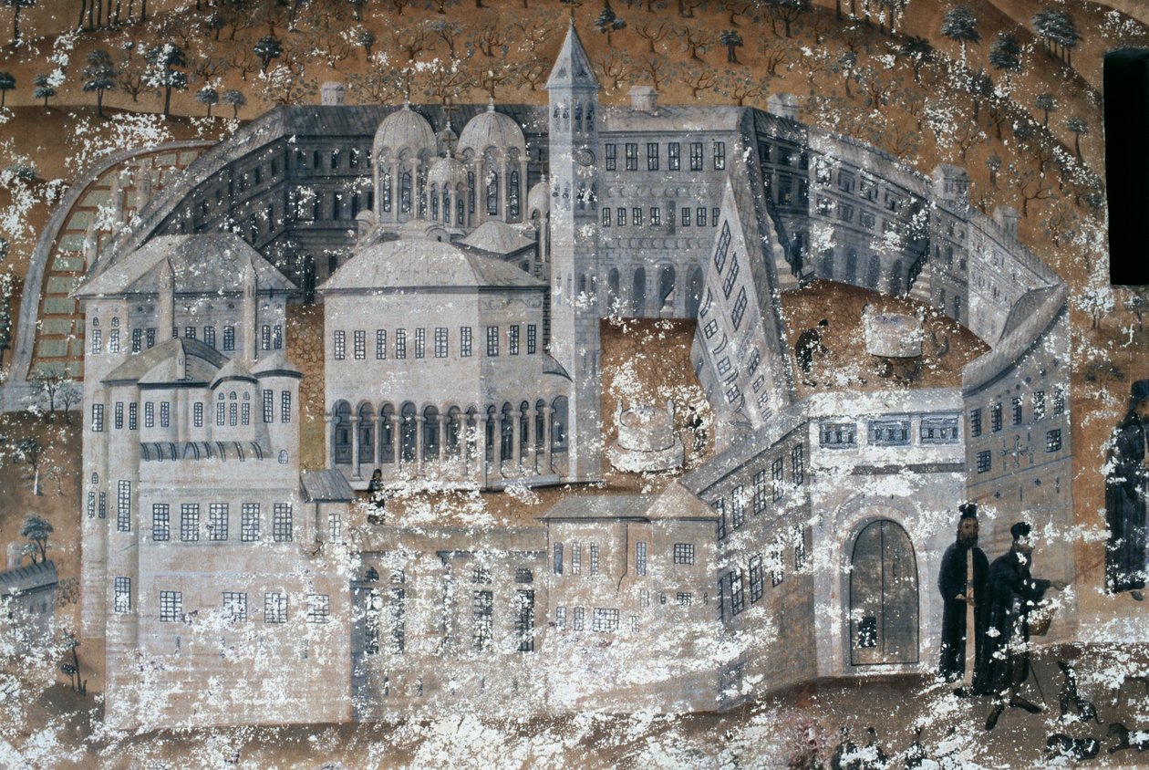 View of monastery, fresco in Ikosifinissis monastery, near Serres, Greece by Unbekannt Unbekannt