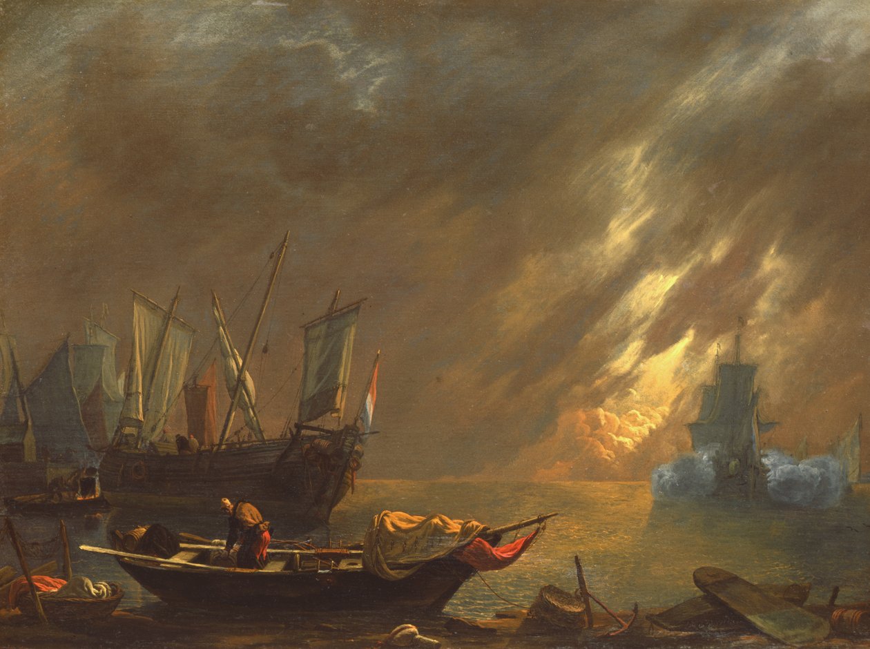View of a Harbour at Sunset by Lieve Verschuier
