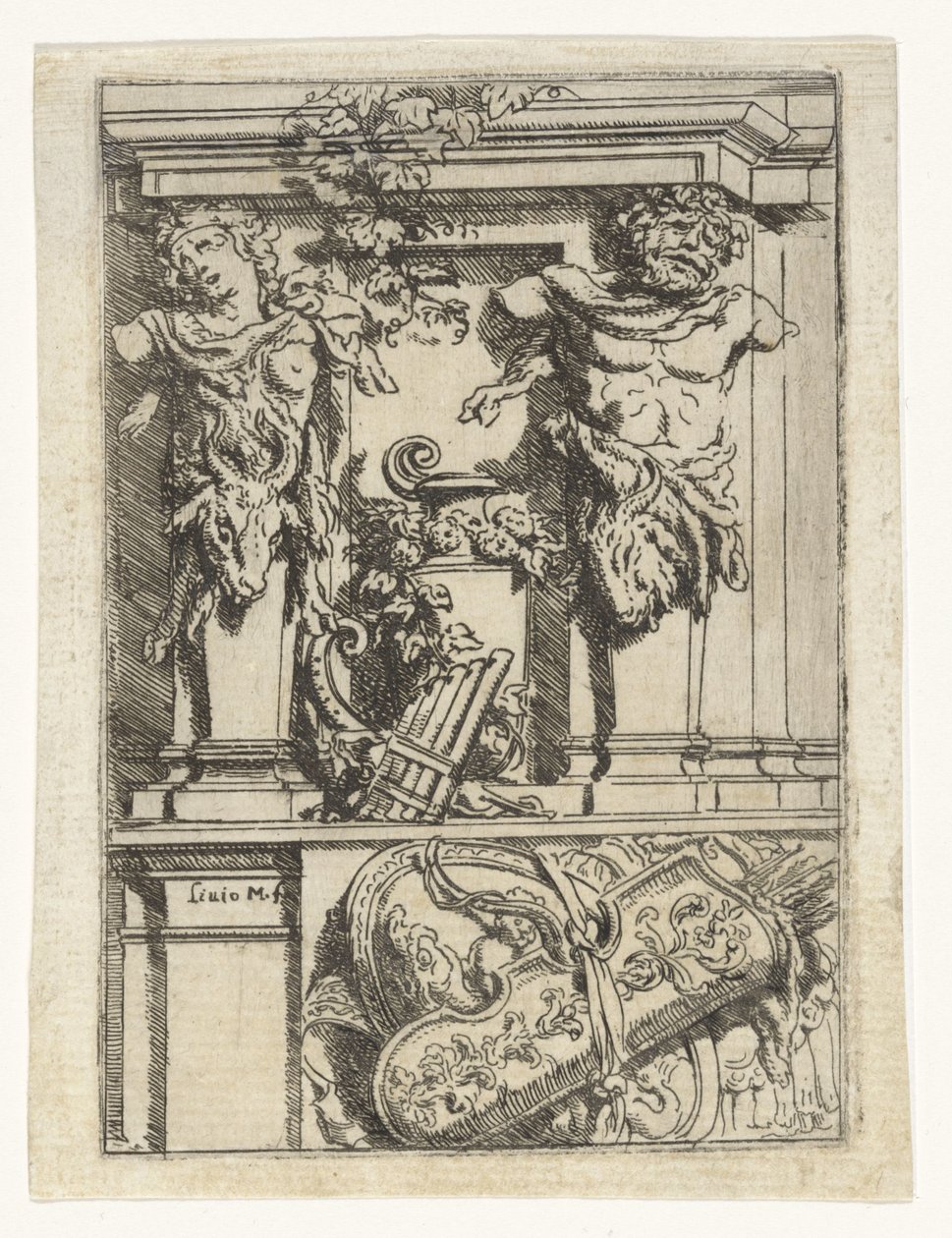 Two Caryatids, a Pan Flute, a Bow and Arrow, and a Shield by Lieven Mehus