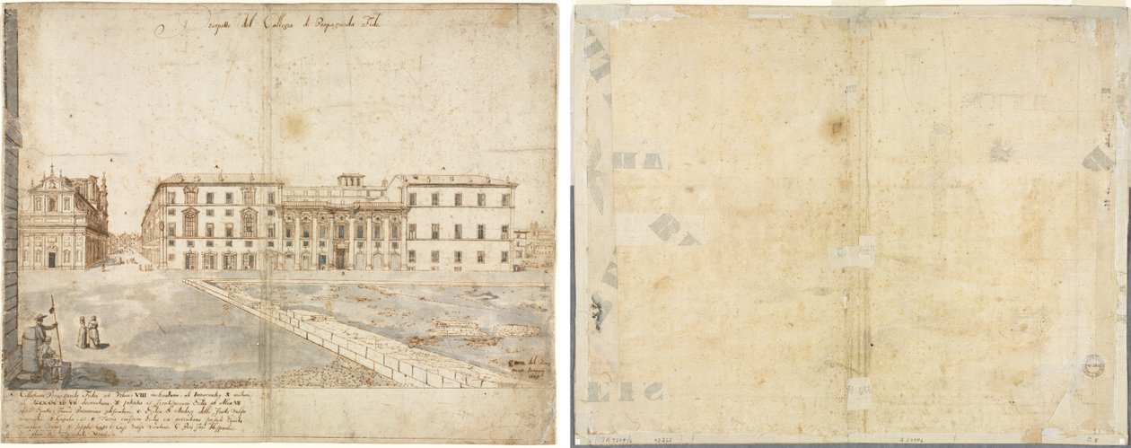 Eighteen Views of Rome: The Collegio di Propaganda Fide (recto); Sketches of Windows and Pilasters of the Attic Storey of the Collegio di Propaganda Fide (verso) by Lievin Cruyl