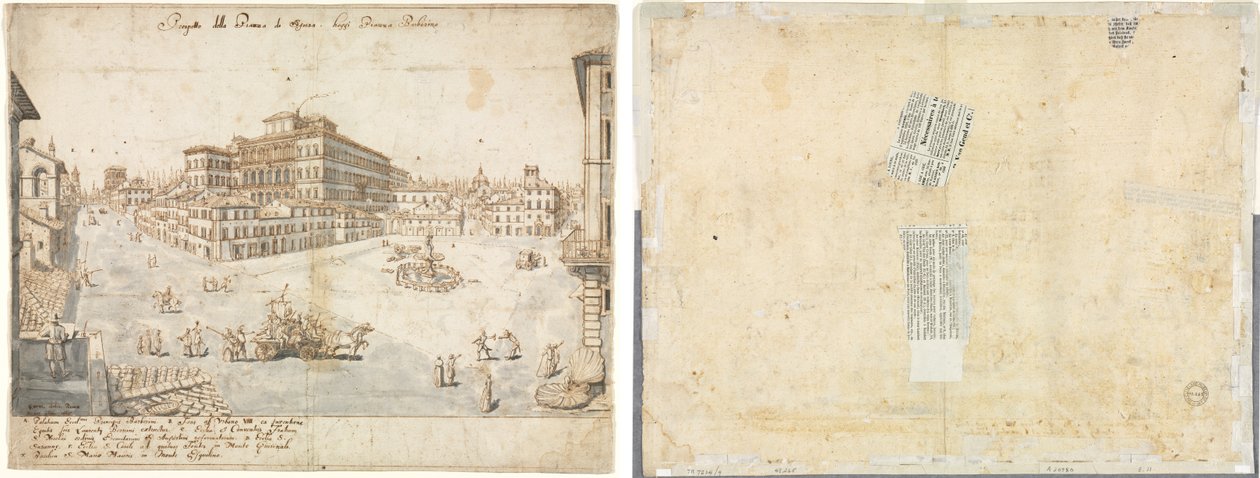 Eighteen Views of Rome: The Piazza Barberini (recto); Tracing of a Fountain and Sketches of Two Faces (verso) by Lievin Cruyl
