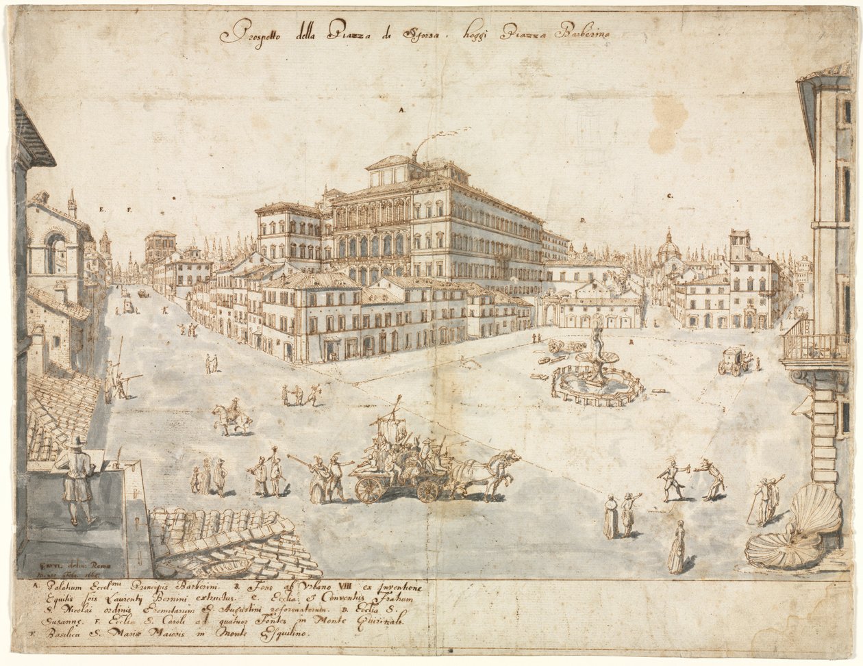 Eighteen Views of Rome: The Piazza Barberini recto, 1665 by Lievin Cruyl