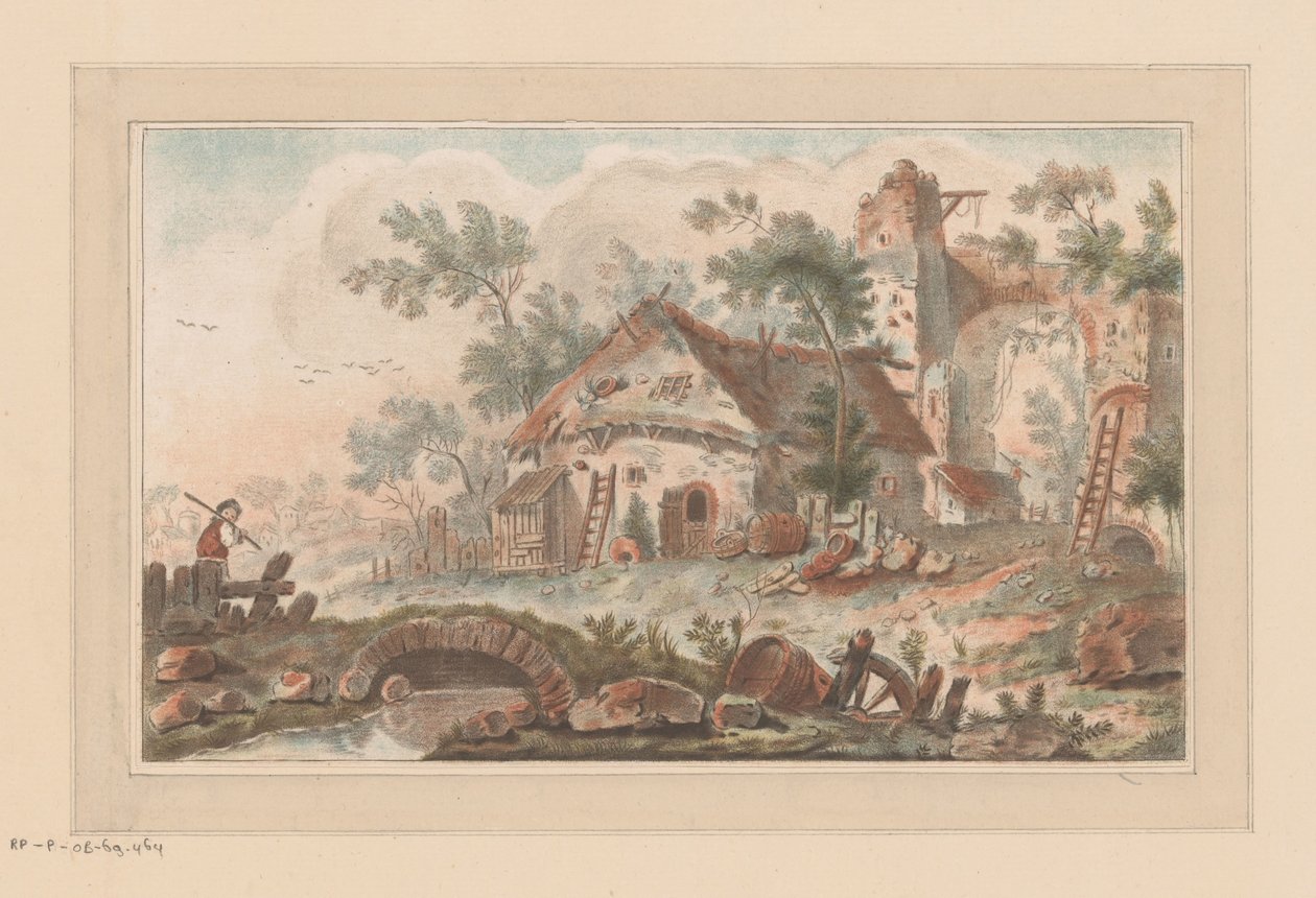 House by a Dilapidated City Gate, with a Man on a Bridge in the Foreground by Liger (attributed to)