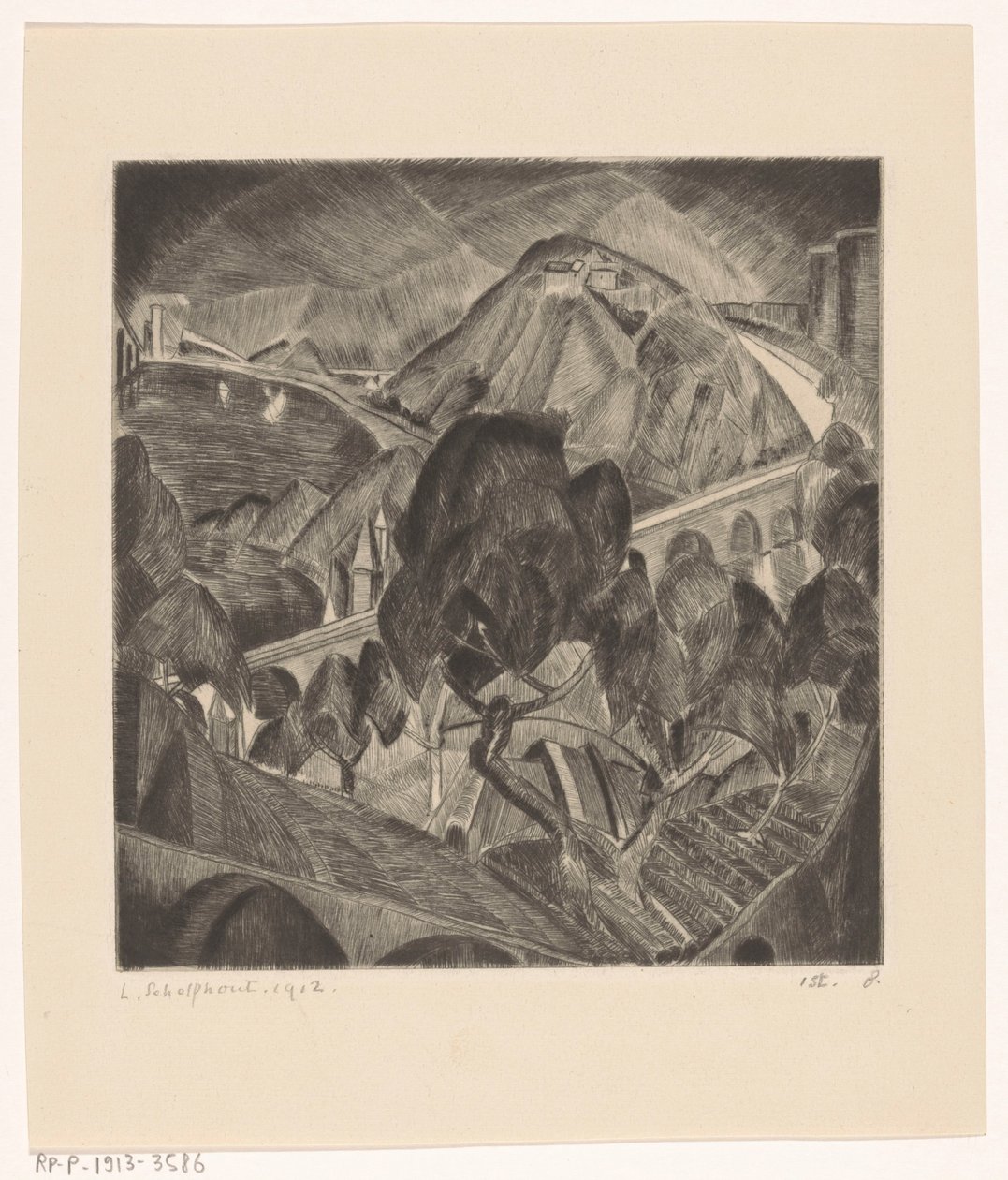 Mountain Landscape with Aqueduct by Lodewijk Schelfhout (signed by artist)
