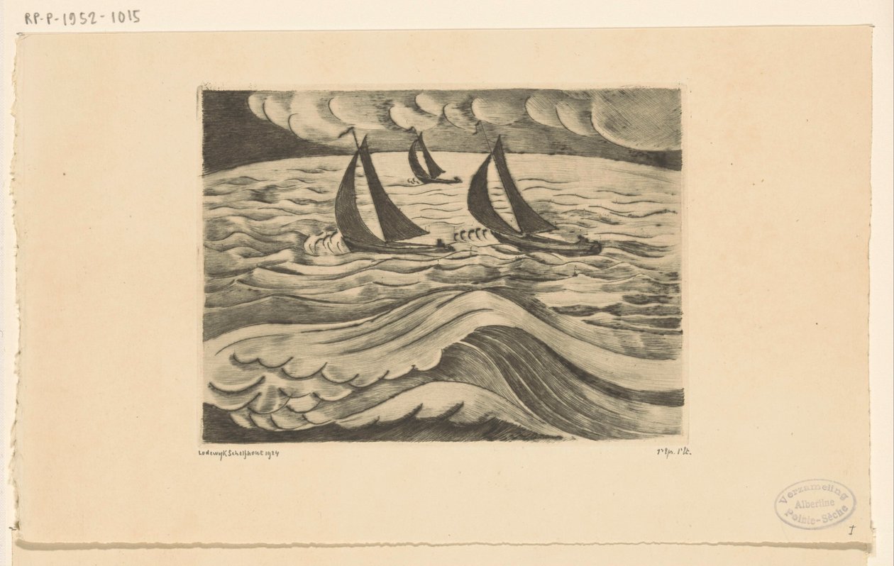 Three Sailing Ships in a Storm at Sea (La Tempête) by Lodewijk Schelfhout (signed by artist)