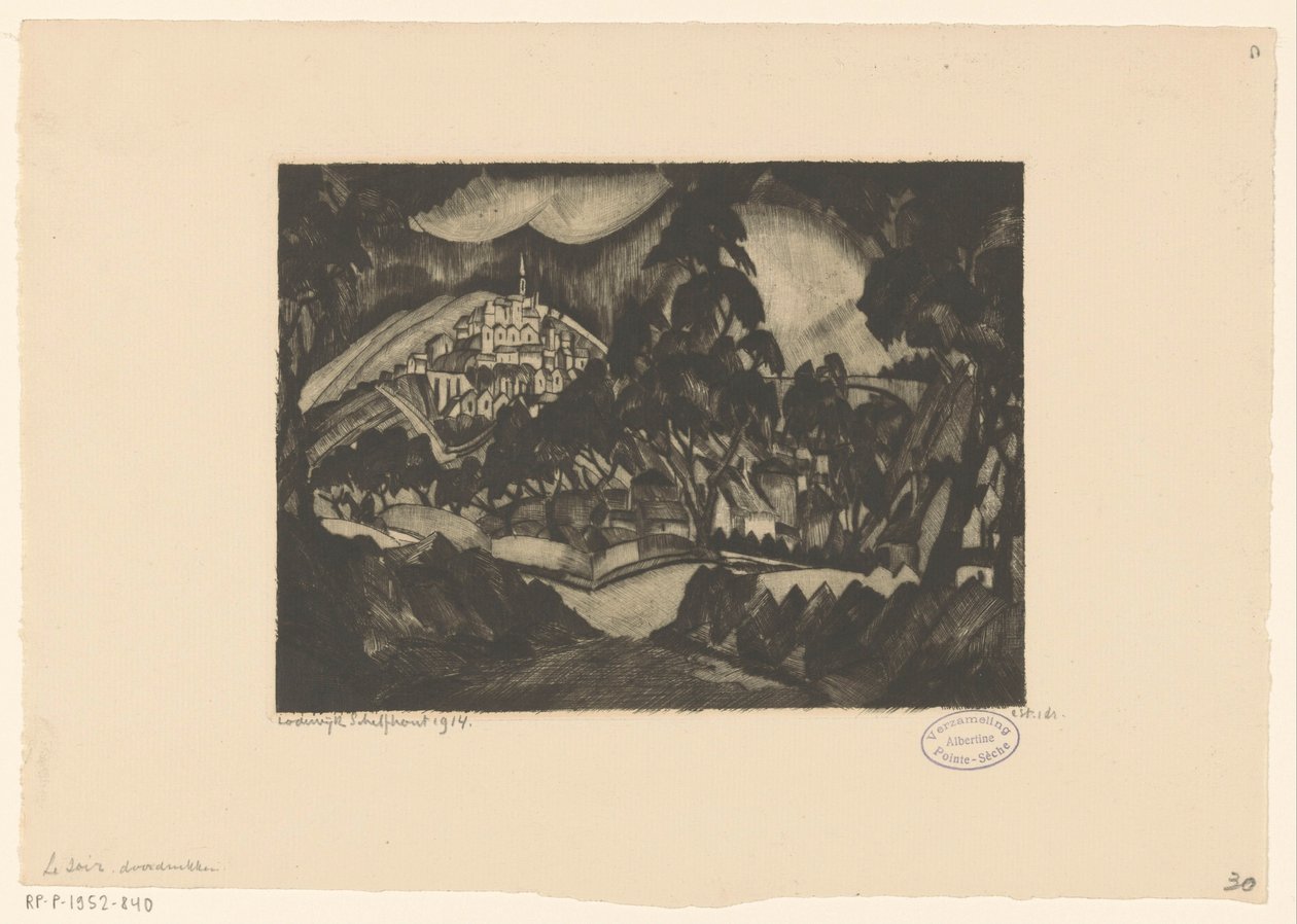 Hilly Landscape with Trees and Buildings (original title: Le Soir) by Lodewijk Schelfhout (signed by artist)