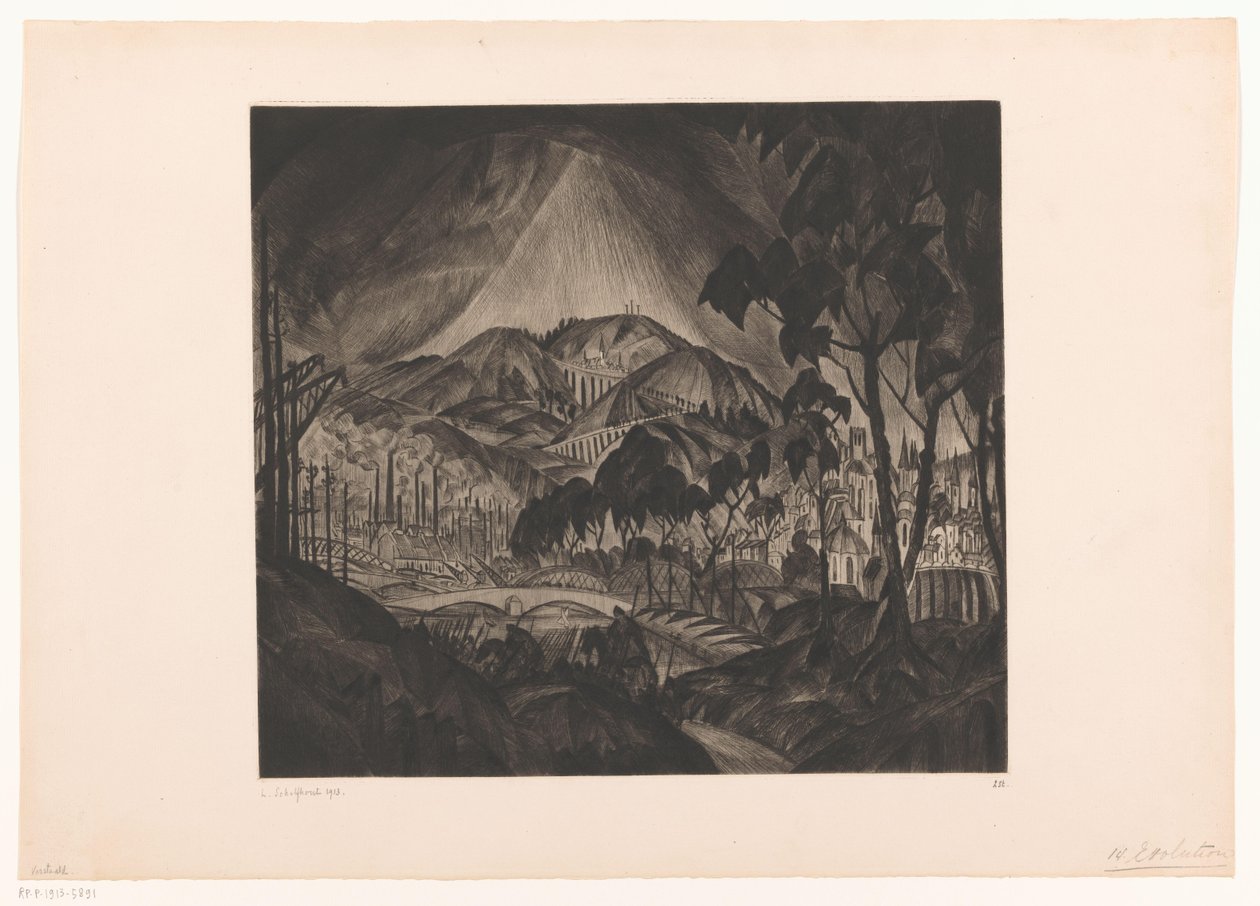Hilly Landscape with Industry by Lodewijk Schelfhout (signed by artist)