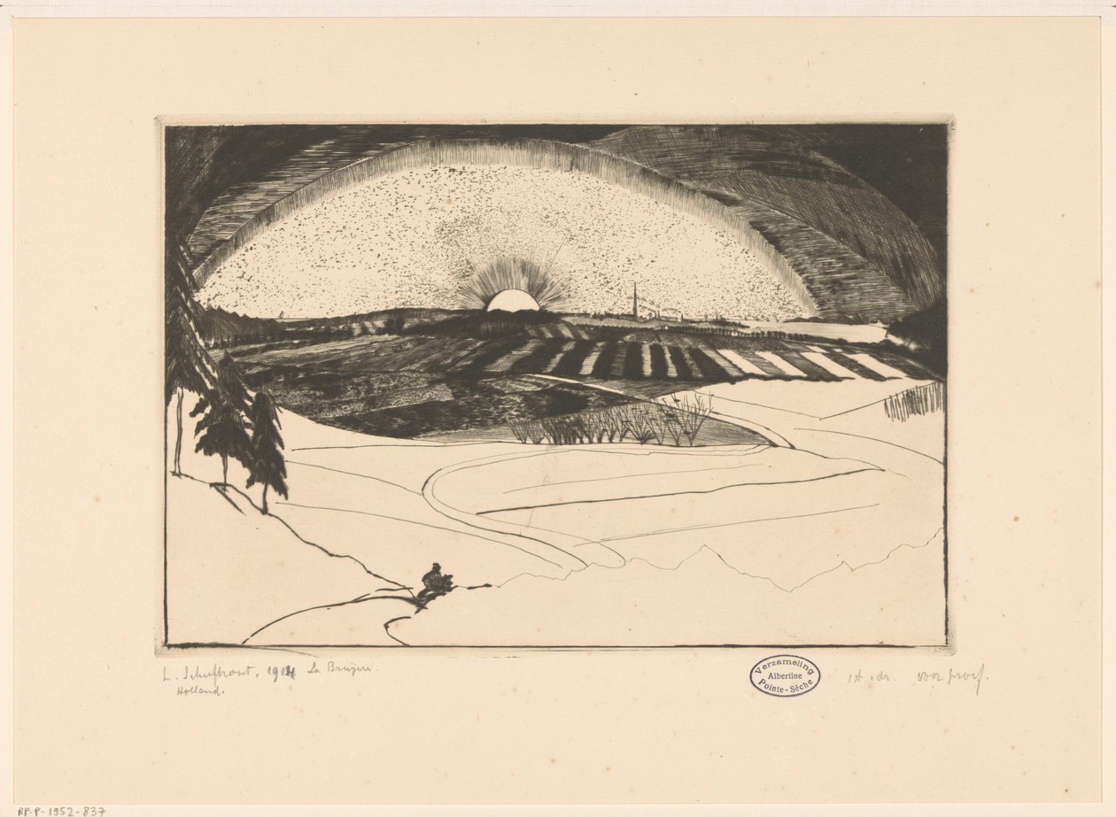 Rising or Setting Sun Over a Hilly Landscape by Lodewijk Schelfhout (signed by artist)