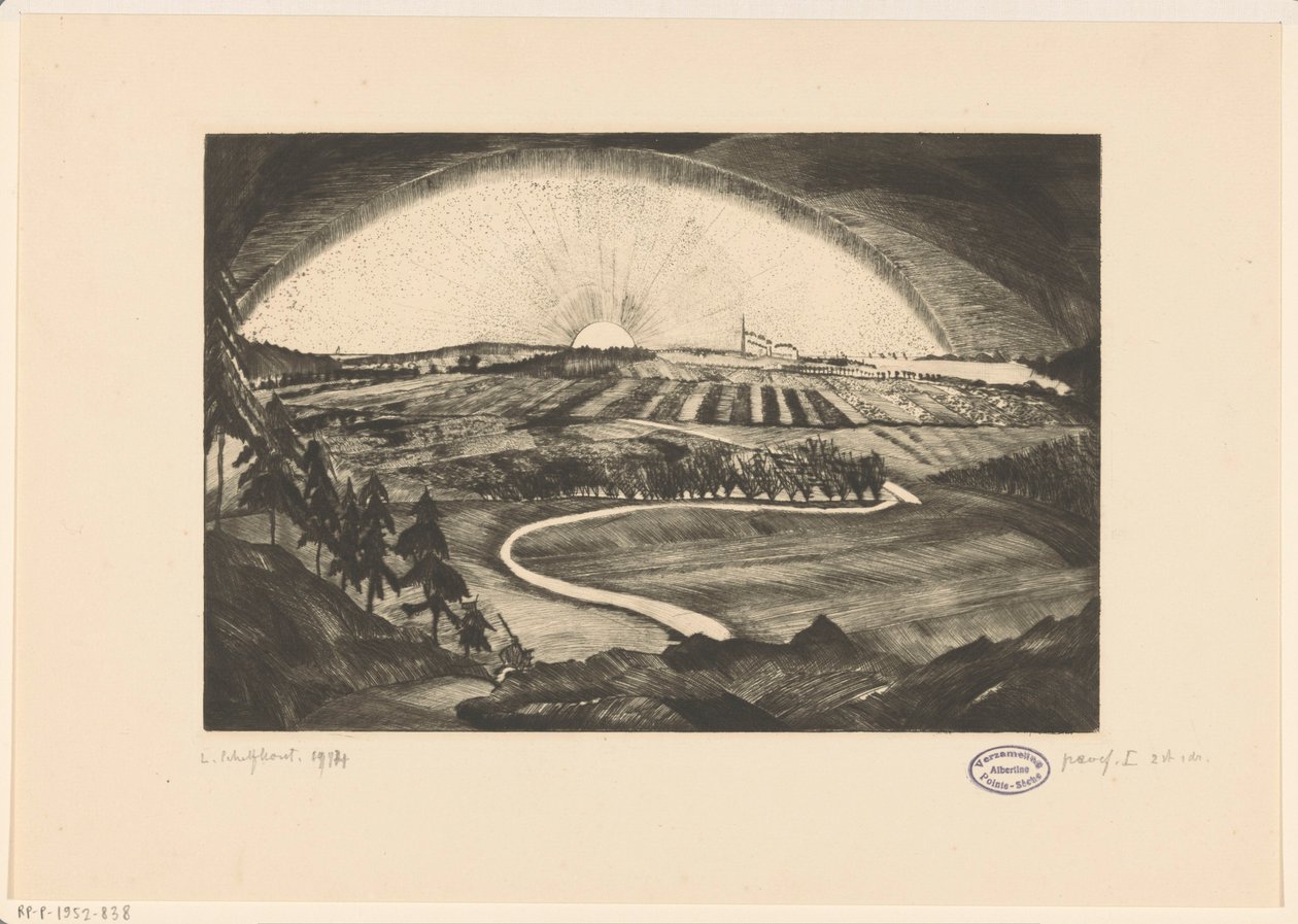 Rising or Setting Sun Over a Hilly Landscape by Lodewijk Schelfhout (signed by artist)