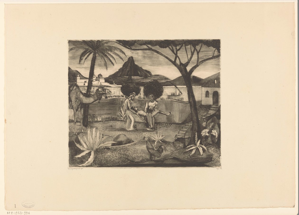 Two Men Carrying a Man in a Garden by Lodewijk Schelfhout (signed by artist)