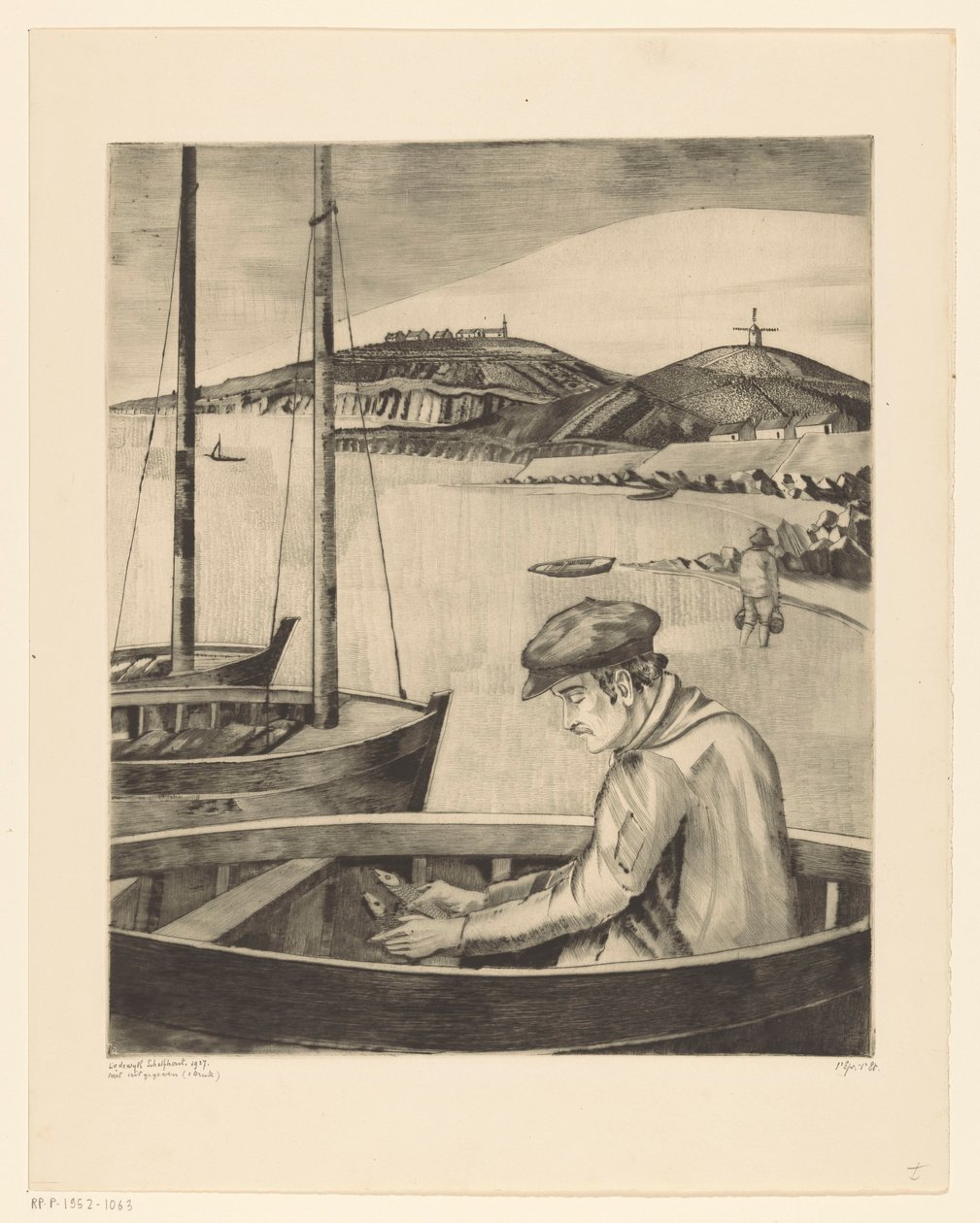 Fisherman in a Moored Boat by Lodewijk Schelfhout (signed by artist)