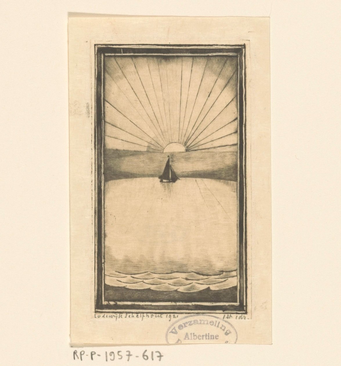 Sailing Ship at Sea at Sunrise or Sunset by Lodewijk Schelfhout (signed by artist)