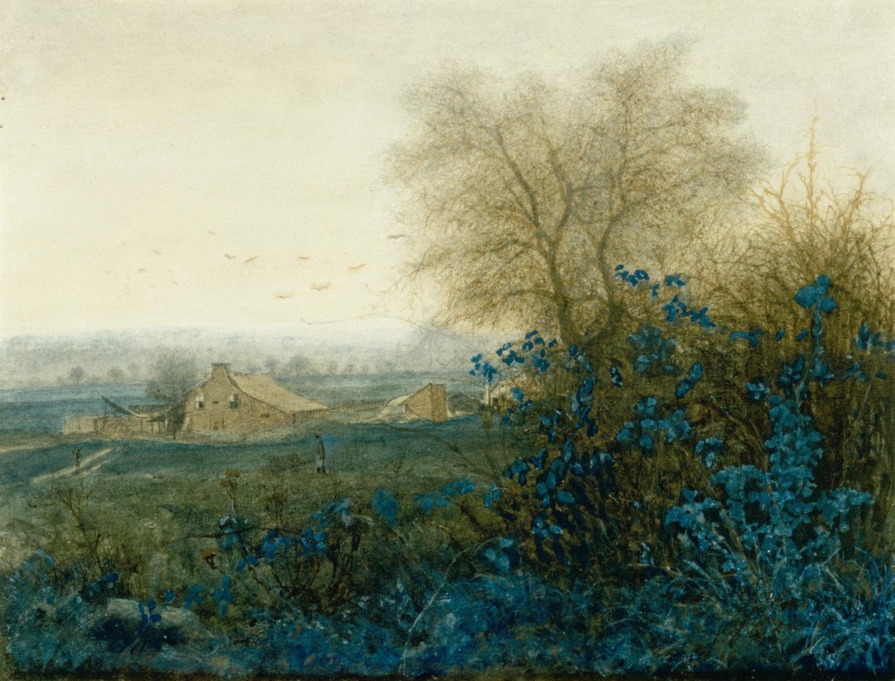 Landscape with a Farmhouse and a Peasant Wheeling a Barrow by Léon Bonvin