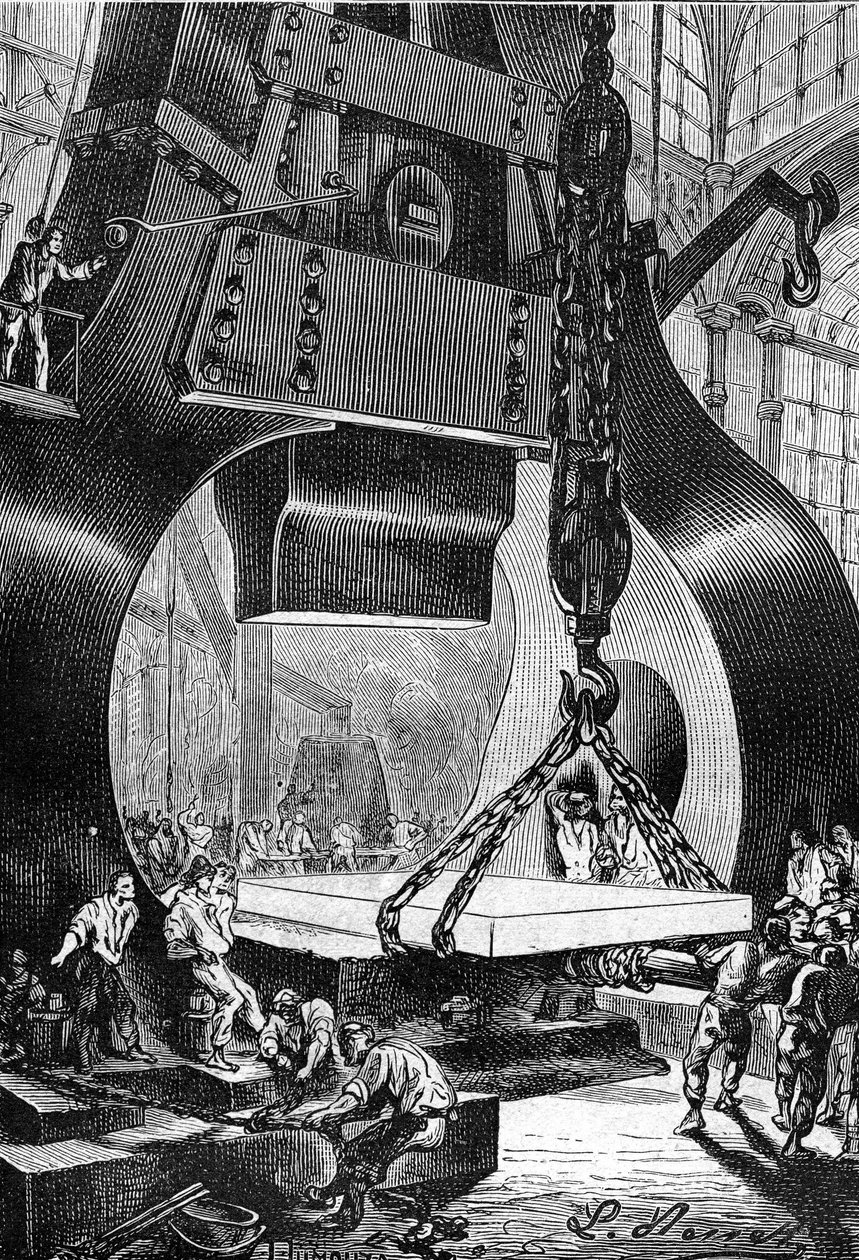 Drawing by Leon Benett, from the book of Jules Verne "The 500 million of the Begum" - edition Hetzel/Extraordinary Voyages 1879. Hammer drummer at work in a steel foundry. by Léon Benett