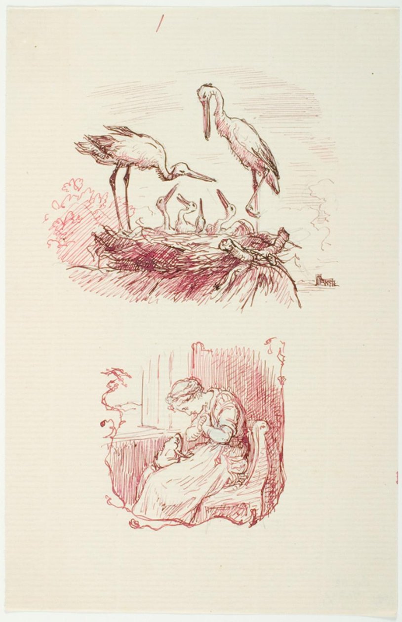 Foreground: Storks. Background: Seated Woman with a Frog on Her Lap by Lorenz Frølich