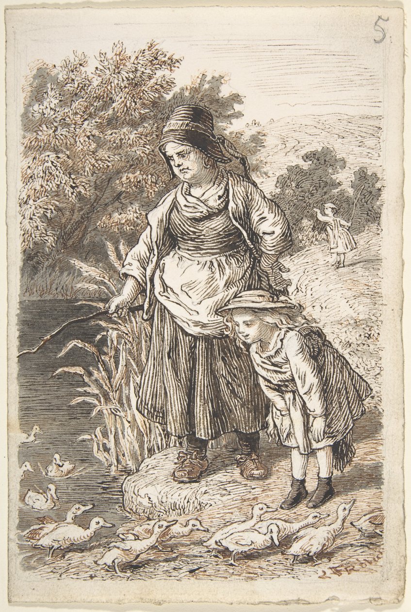 Woman and Child by a Duck Pond by Lorenz Frølich