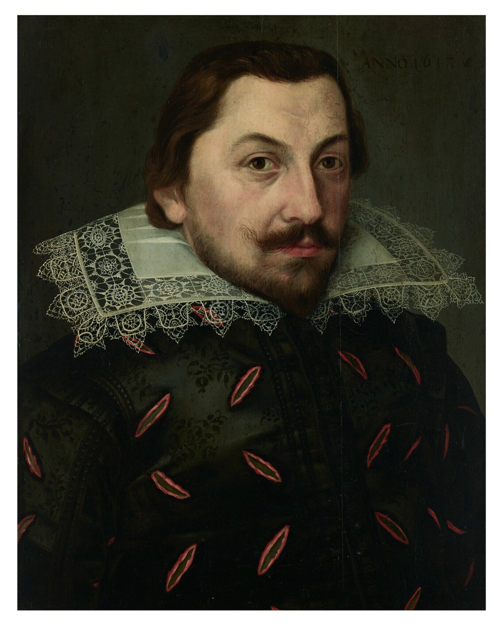 Portrait of a Man, Bust-Length, in a Black Slashed Silk Doublet with a Puntonari Lace Standing Collar by Lorenz Strauch