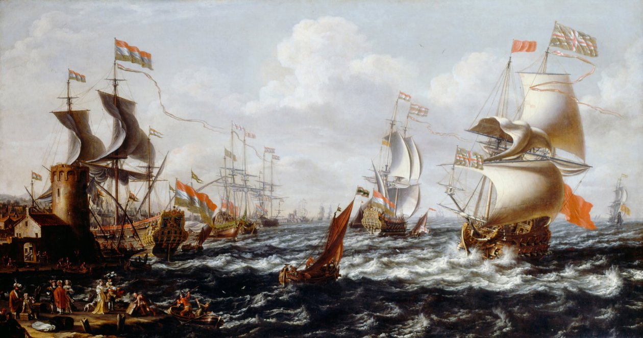 Ships in Rough Water off a Mediterranean Port by Lorenzo a Castro