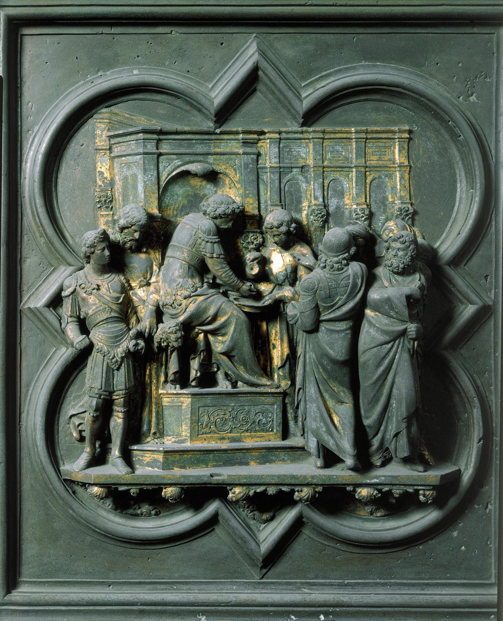 North Gate (called the Gate of the Cross, in the North), external detail: Christ faces Pontius Pilate. Bronze sculpture made by Lorenzo Ghiberti by Lorenzo Ghiberti