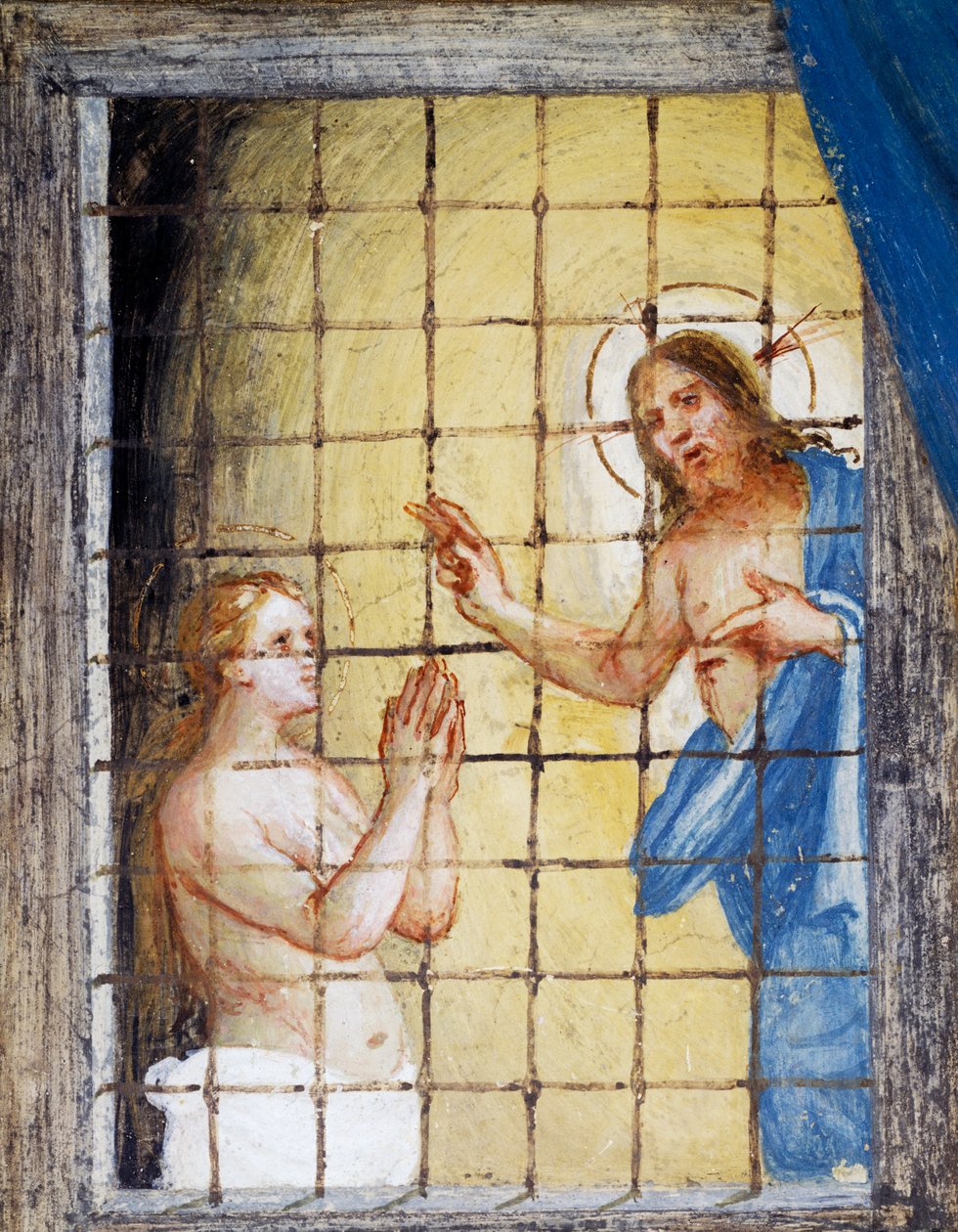 Christ visiting St Barbara in prison and healing her, detail from Stories of Saint Barbara (detail) by Lorenzo Lotto
