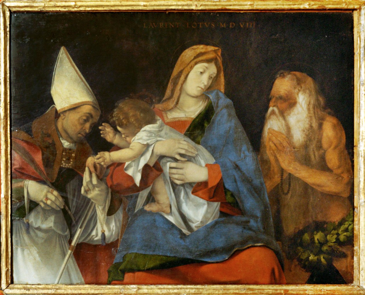 Madonna with Child, a Sainted Bishop and the Hermit Saint Onofrio by Lorenzo Lotto